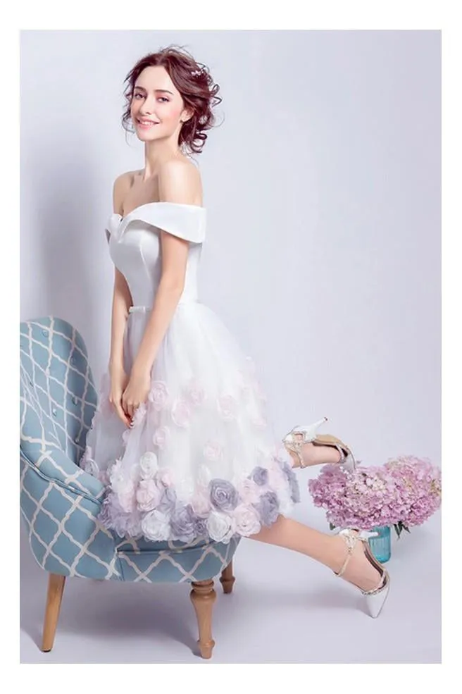 Beautiful Homecoming Dresses A-line Off The Shoulder Sleeveless Tulle Floral Short Prom Dress Party Dress OHM118