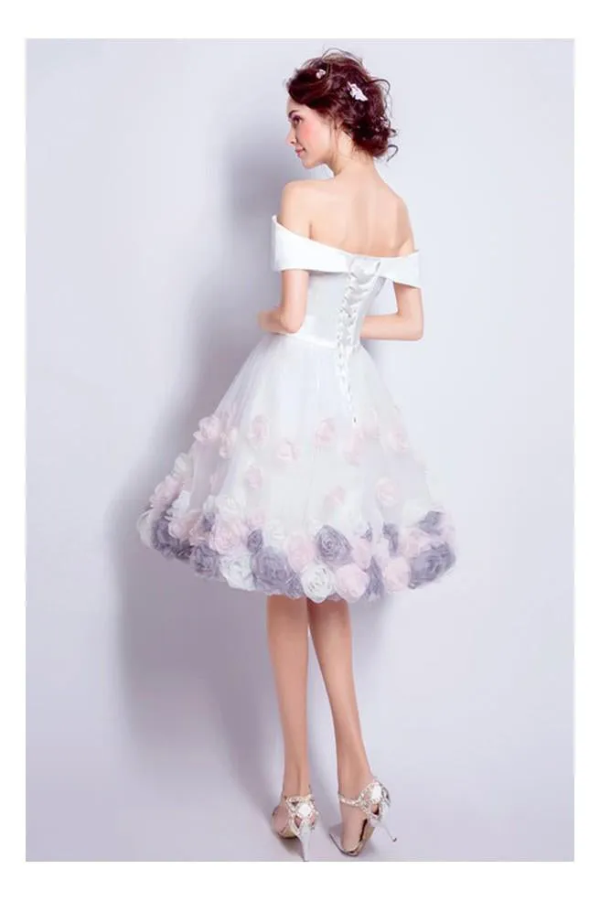 Beautiful Homecoming Dresses A-line Off The Shoulder Sleeveless Tulle Floral Short Prom Dress Party Dress OHM118