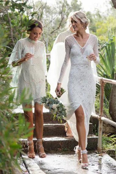 Beautiful Wedding Gown Sheath V-Neck Long Sleeves Court train Backless Bridal Gown Ivory Lace Wedding Dress OHD225