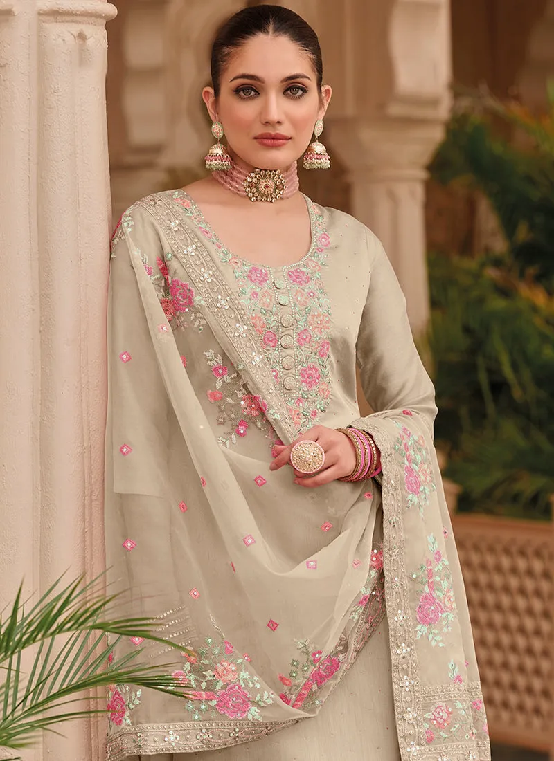 Beige Multi Embroidery Traditional Silk Salwar Kameez