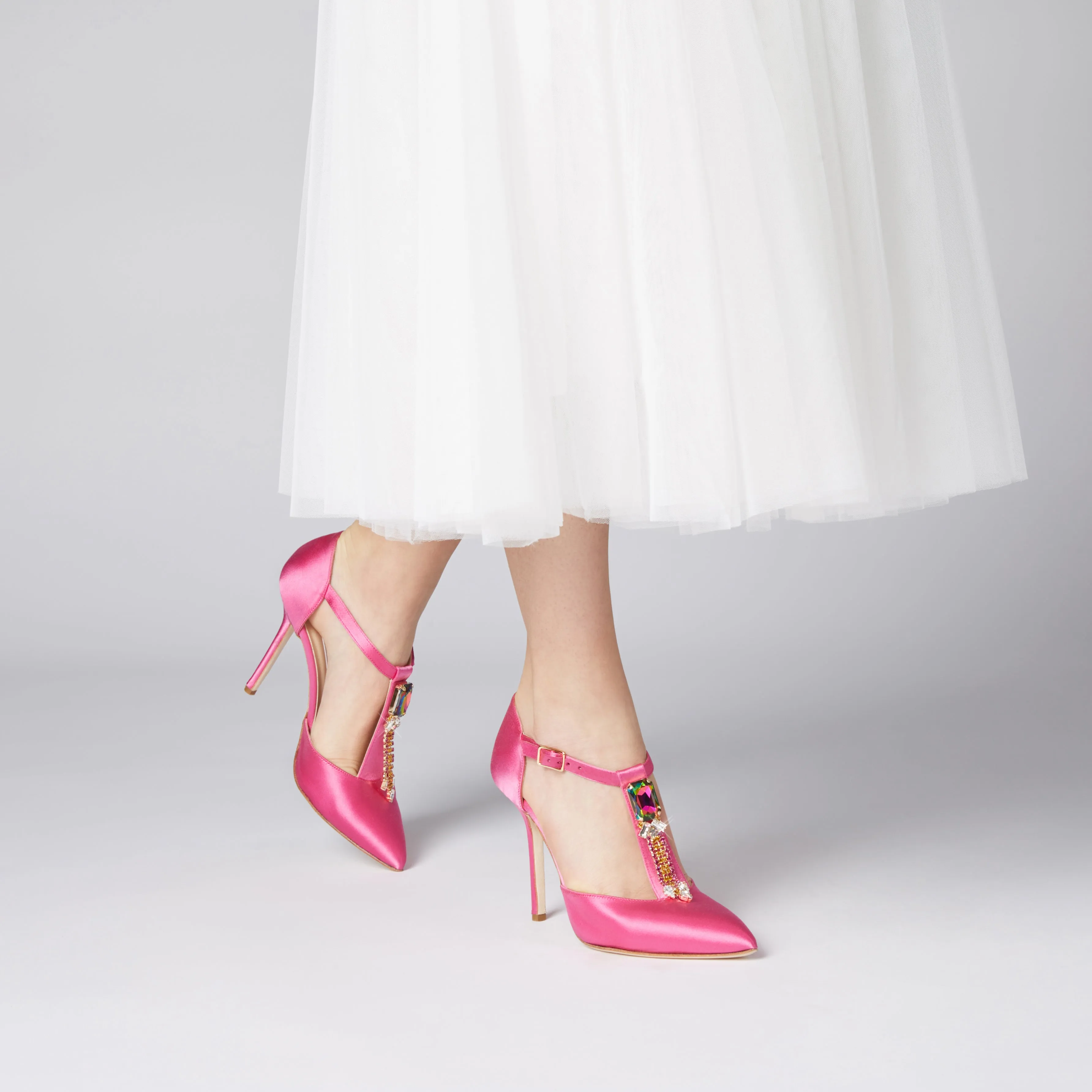 Bejeweled Baby Fuchsia Satin Heels