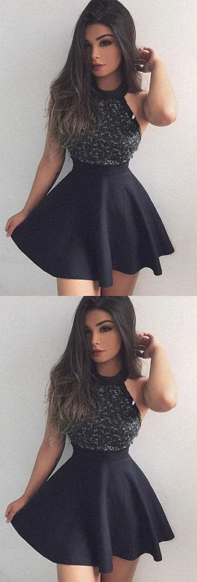 Black A line Mini Short Prom Dress with Beading, Fashion Graduation Dresses, MH127