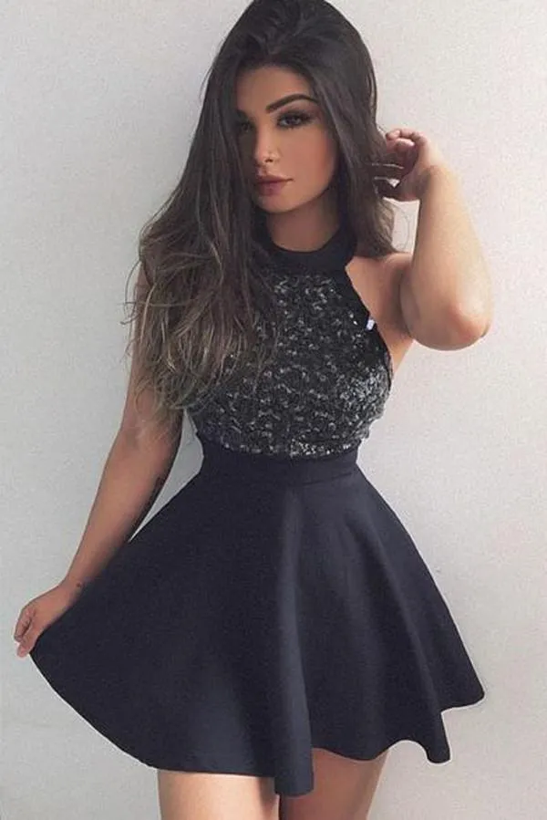 Black A line Mini Short Prom Dress with Beading, Fashion Graduation Dresses, MH127