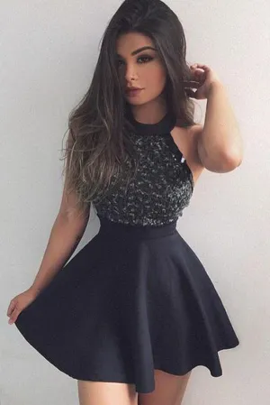 Black A line Mini Short Prom Dress with Beading, Fashion Graduation Dresses, MH127