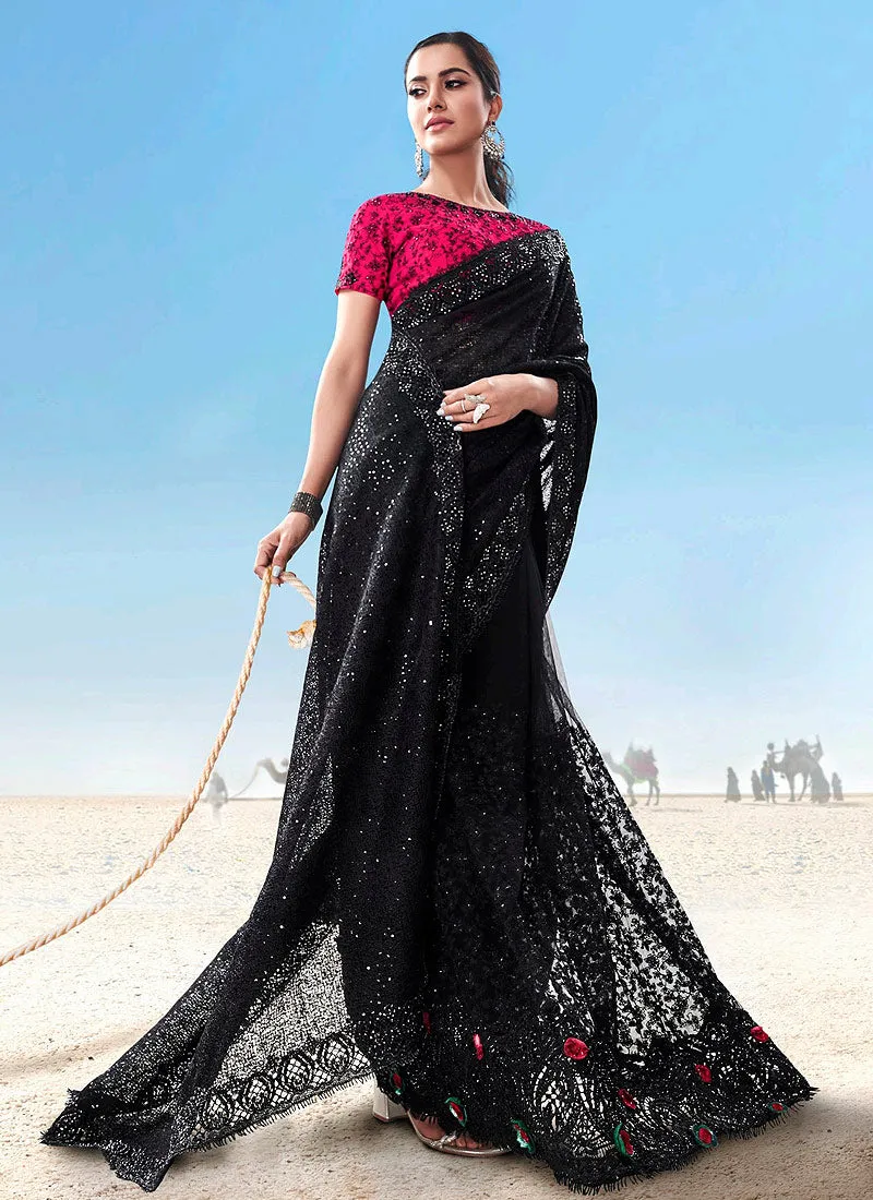 Black And Pink Embroidered Saree