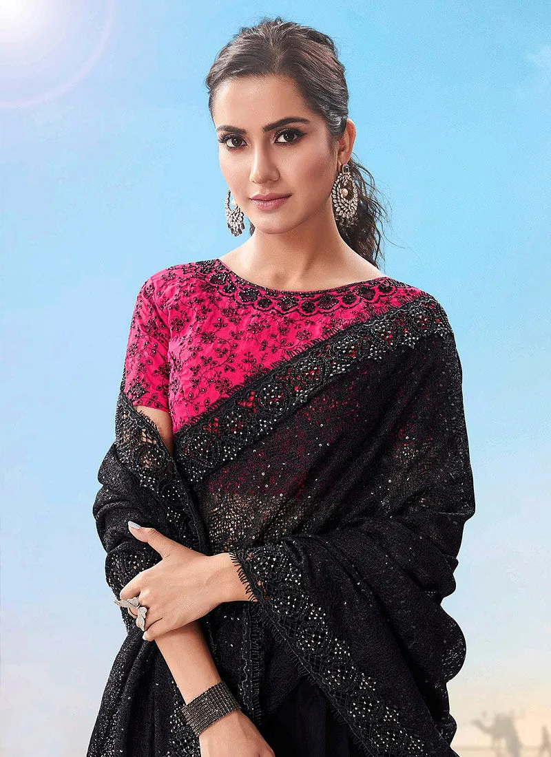 Black And Pink Embroidered Saree