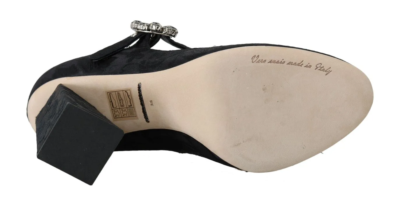 Black Brocade Crystal Mary Janes Shoes