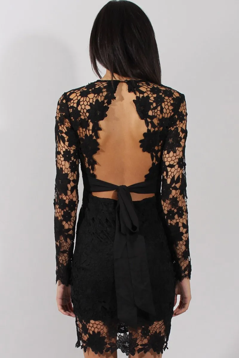 Black Crochet Lace Plunge Dress - Adora