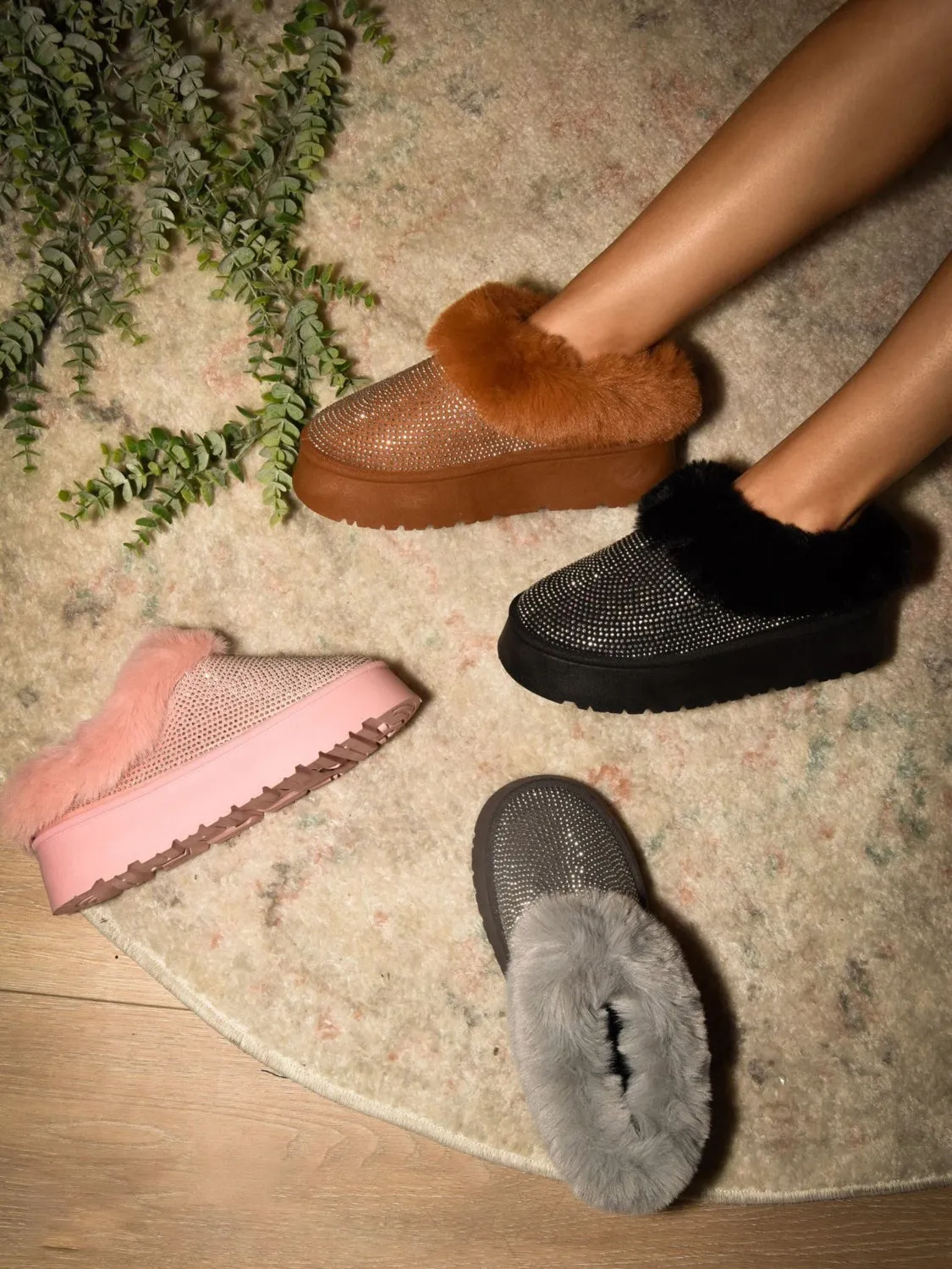 Black Embellished Faux Fur Platform Booties