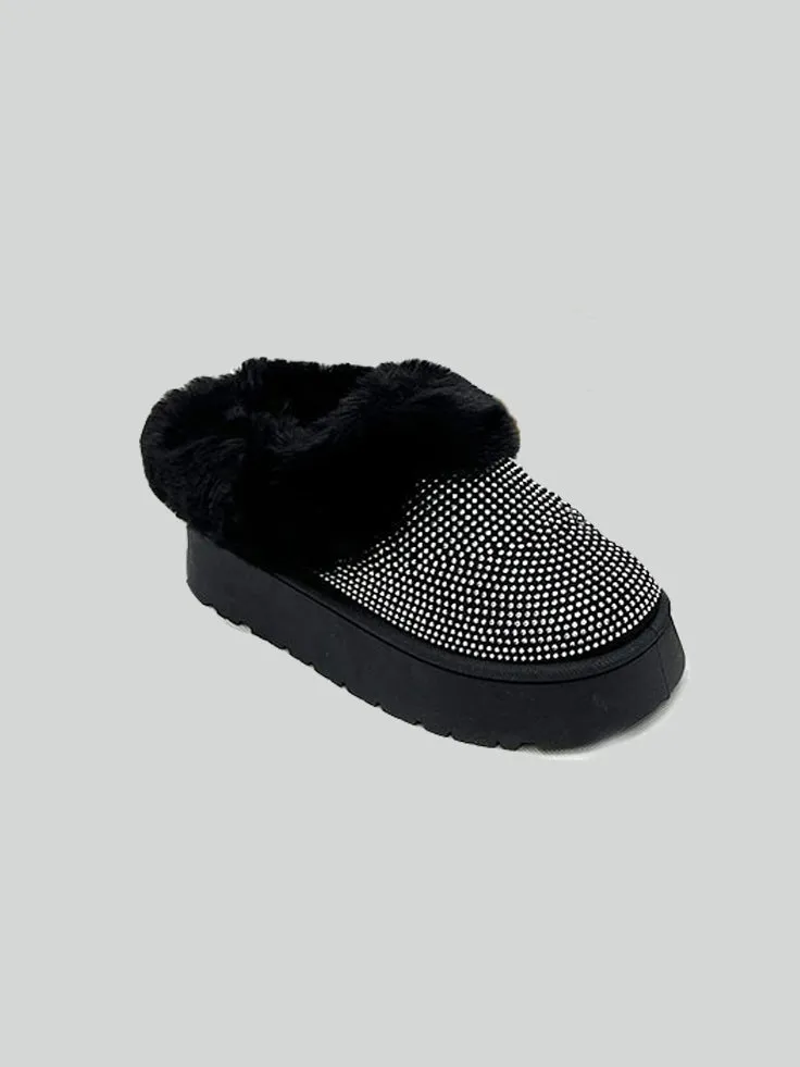 Black Embellished Faux Fur Platform Booties