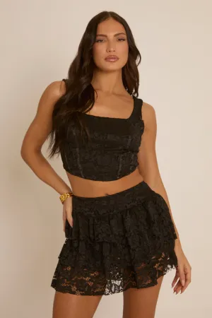 Black Lace Corset and Ruffle Mini Skirt Co-Ord - Ariel