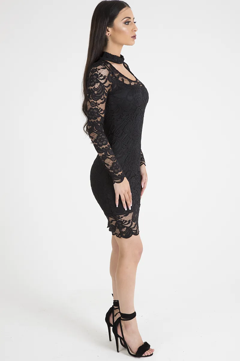 Black Lace High Neck Cut Out Dress - Bailey