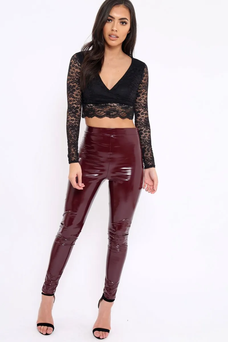 Black Lace Plunge Scalloped Hem Crop Top - Elouise