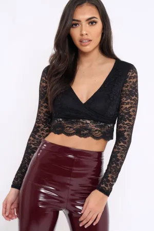 Black Lace Plunge Scalloped Hem Crop Top - Elouise