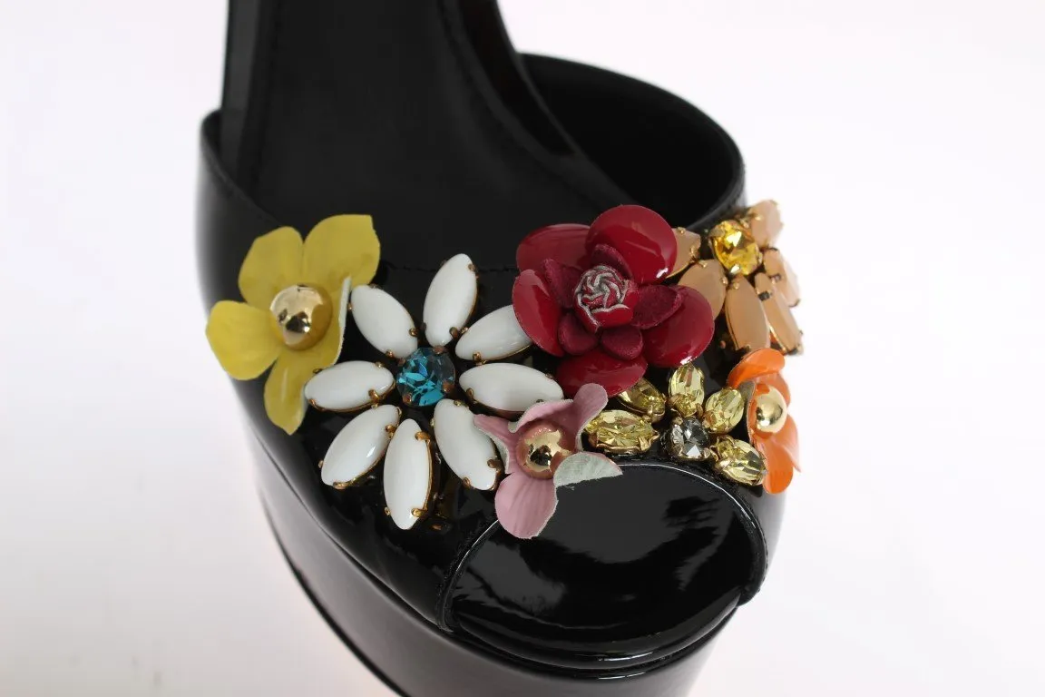 Black Leather Crystal Sandals