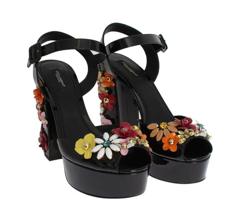 Black Leather Crystal Sandals
