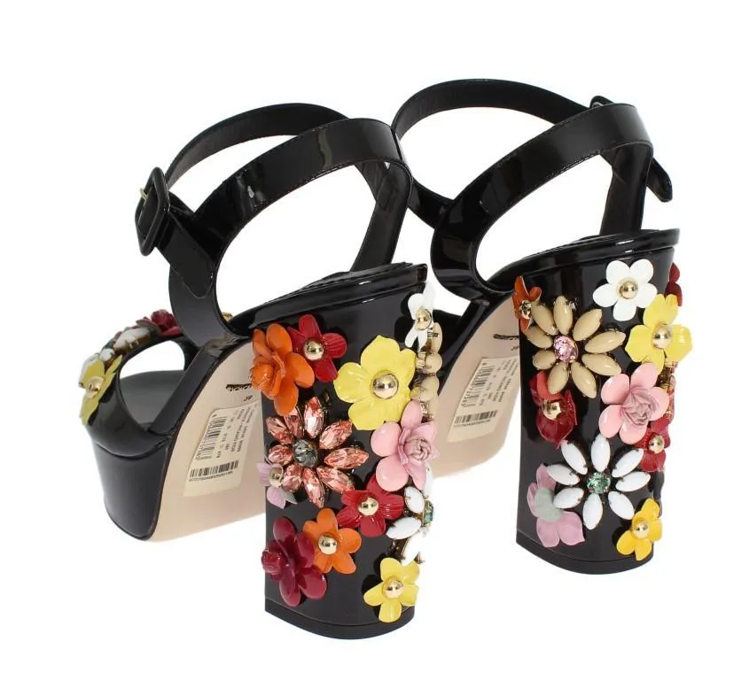 Black Leather Crystal Sandals