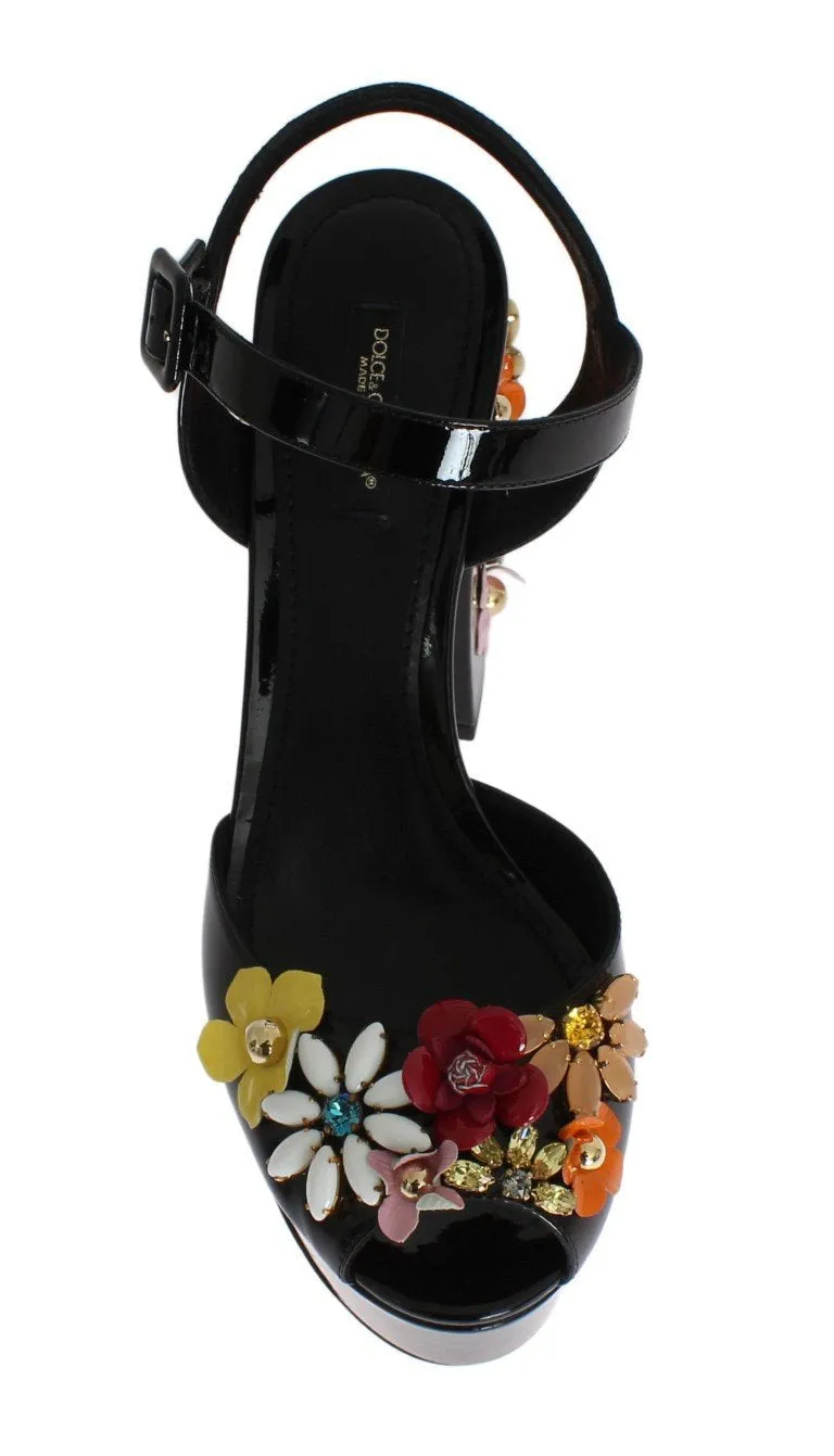 Black Leather Crystal Sandals
