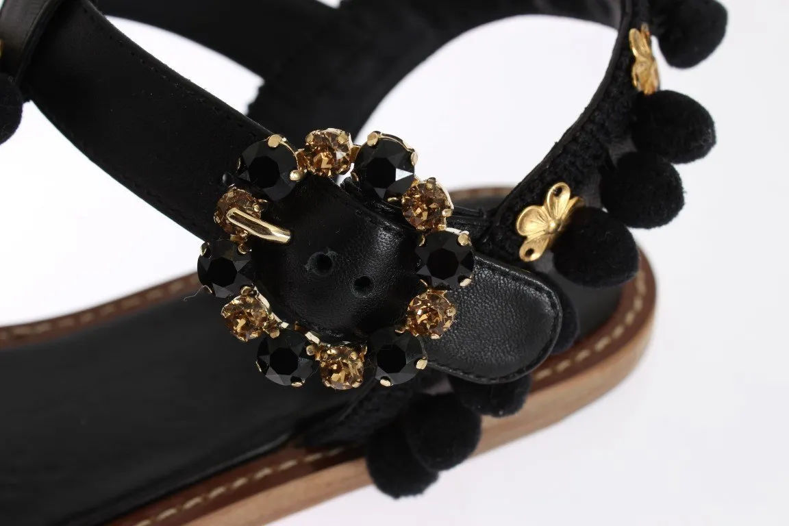 Black Leather Crystal Torero Sandal Shoes