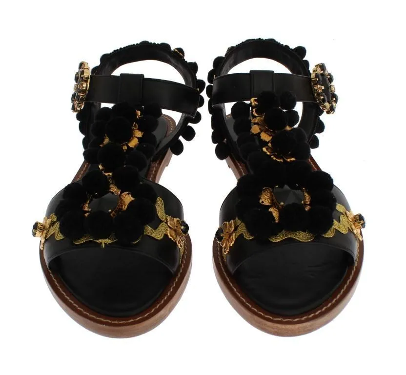 Black Leather Crystal Torero Sandal Shoes