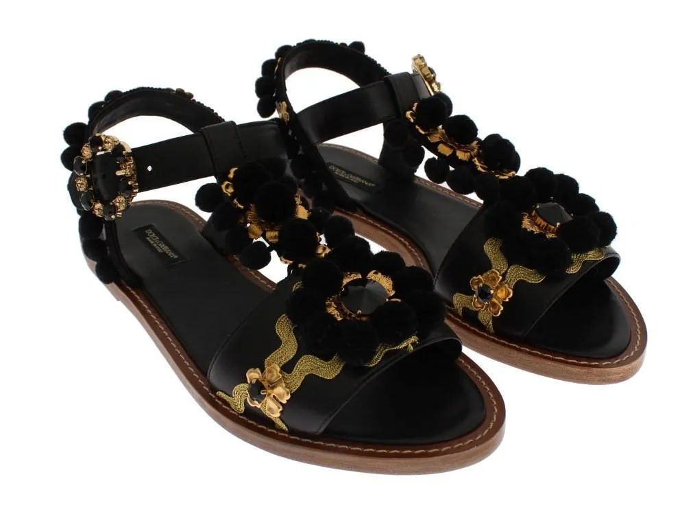 Black Leather Crystal Torero Sandal Shoes
