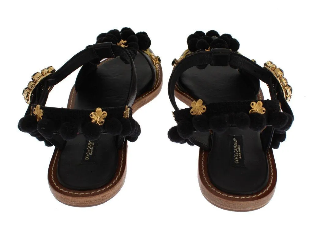 Black Leather Crystal Torero Sandal Shoes