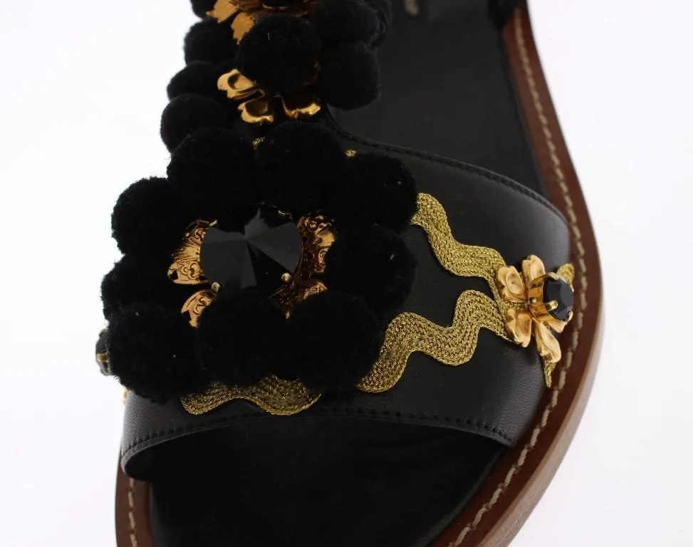 Black Leather Crystal Torero Sandal Shoes