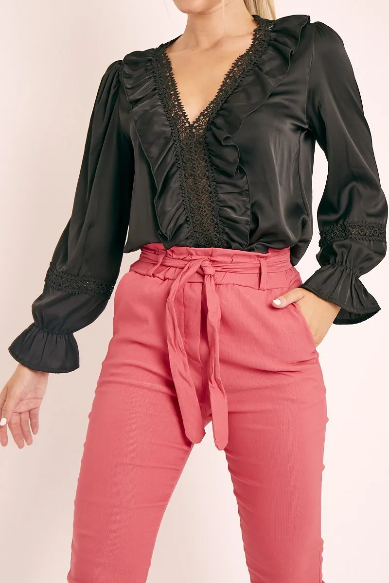 Black Plunge Lace Neckline Blouse - Harleigh