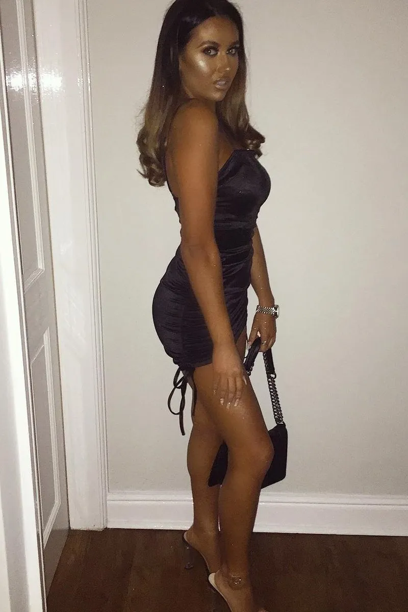 Black Satin Ruched Bodycon Dress - Aara