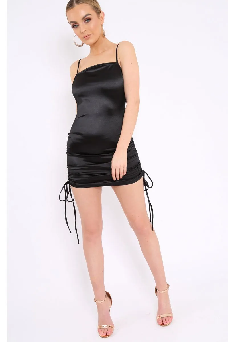 Black Satin Ruched Bodycon Dress - Aara