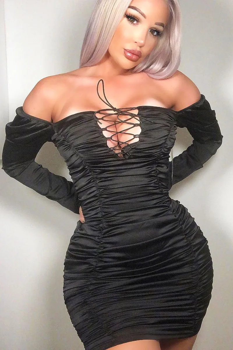 Black Satin Ruched Lace Front Dress - Dania