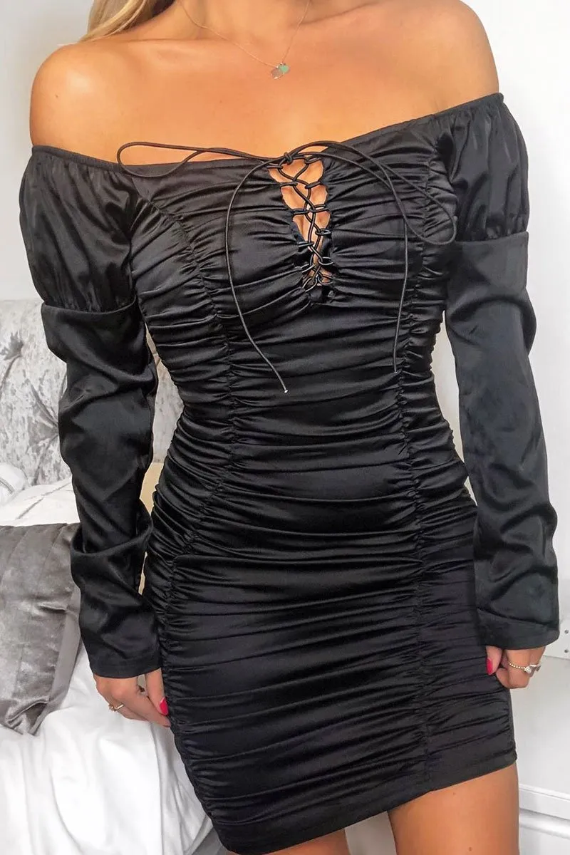 Black Satin Ruched Lace Front Dress - Dania