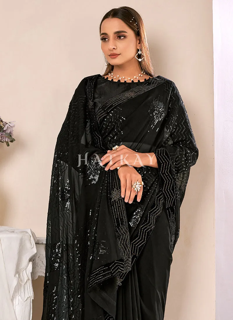 Black Sequence Embroidery Georgette Saree