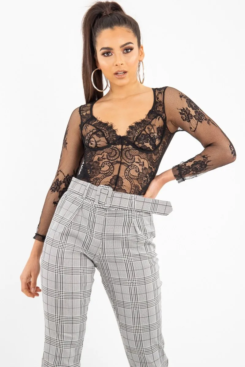 Black Sheer Lace Cup Long Sleeve Bodysuit - Izela