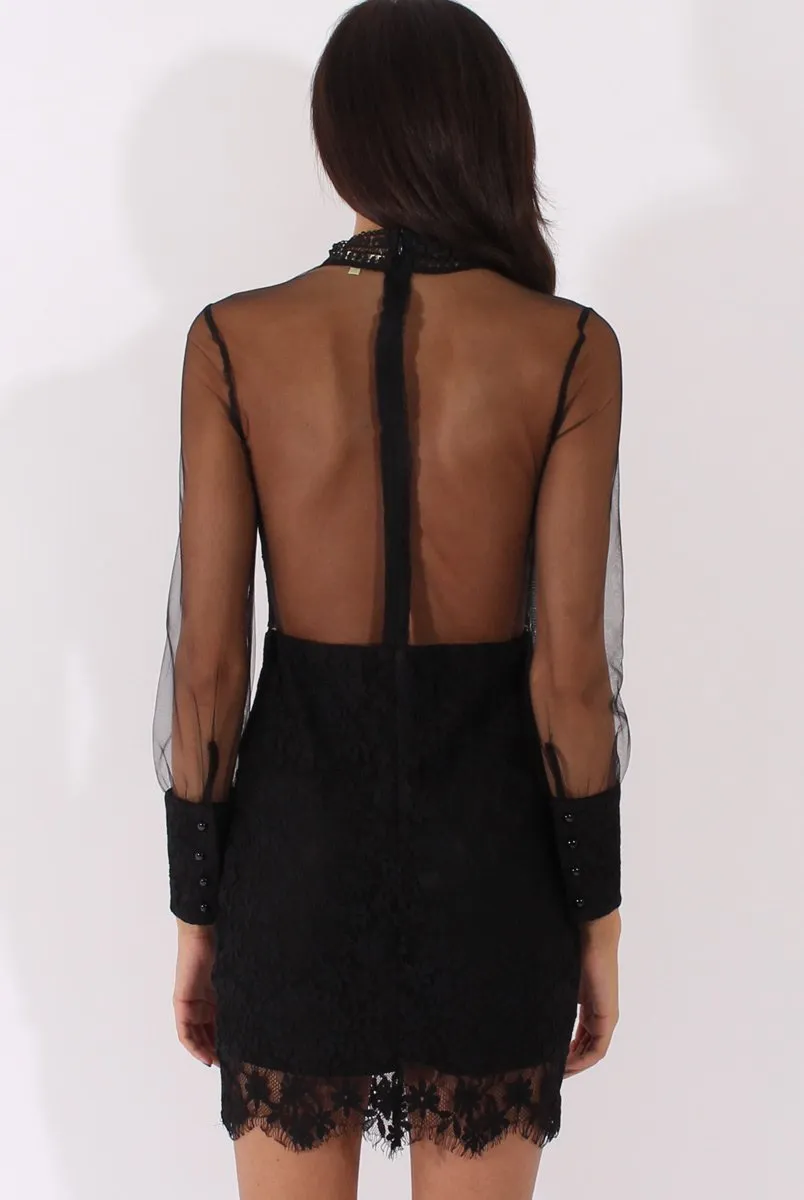 Black Sheer Mesh Lace Detail Dress - Jaylee