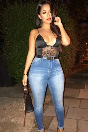 Black Silky Bodysuit with Lace Trims - Sandrie