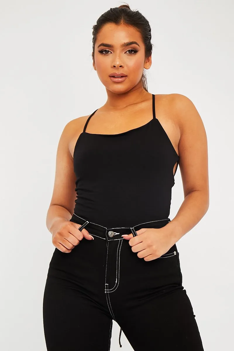 Black Square Neck Lace Up Back Bodysuit - Veronica