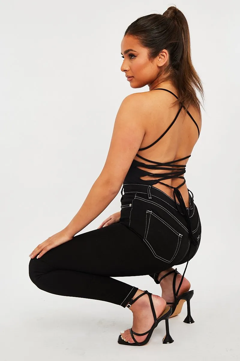 Black Square Neck Lace Up Back Bodysuit - Veronica