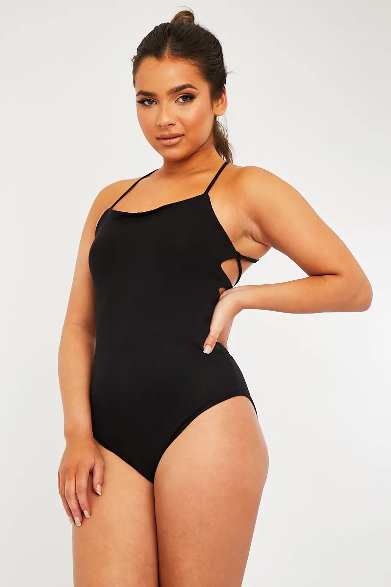 Black Square Neck Lace Up Back Bodysuit - Veronica