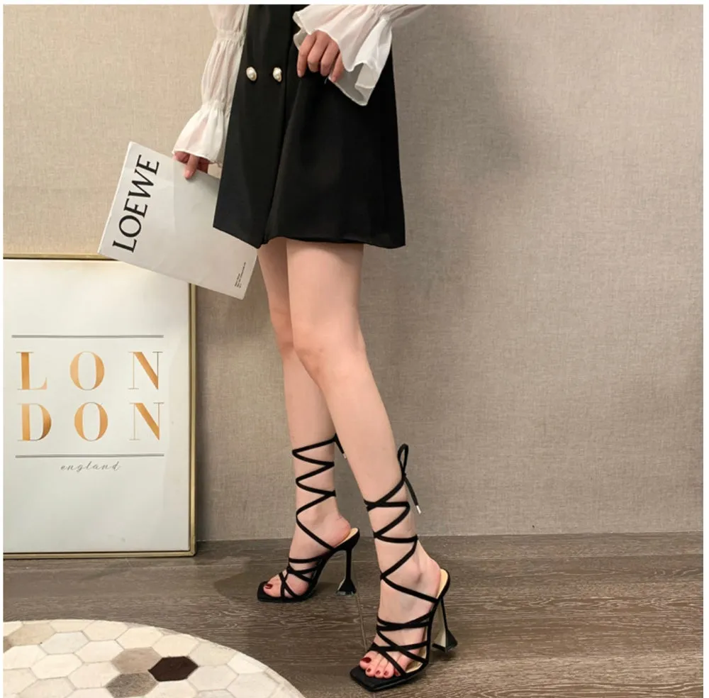 Black square toe lace heels