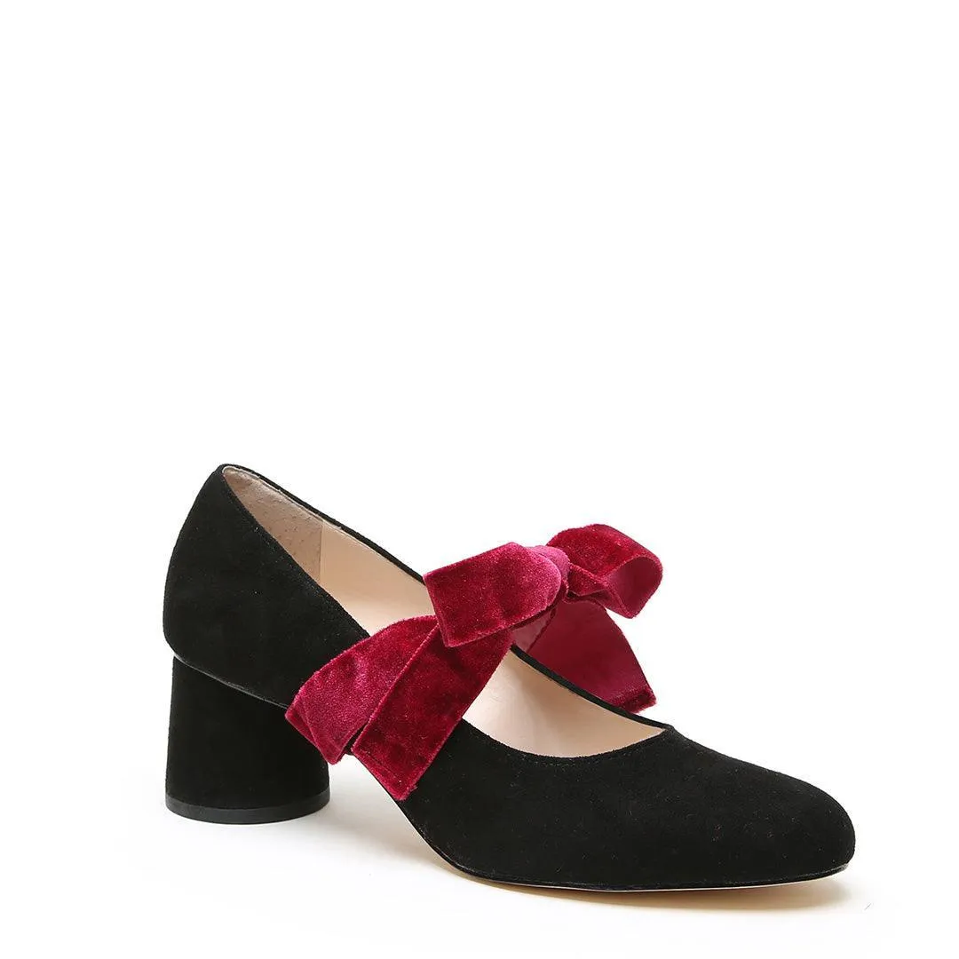 Black Suede Ballet Pump   Red Velvet Marie Strap