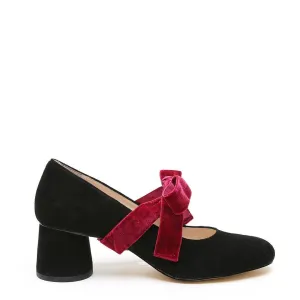 Black Suede Ballet Pump   Red Velvet Marie Strap