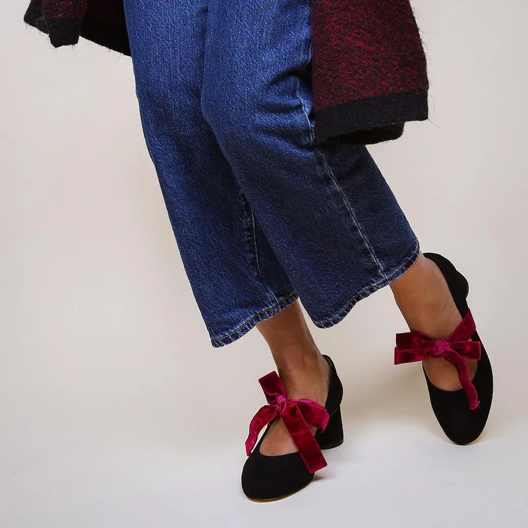 Black Suede Ballet Pump   Red Velvet Marie Strap