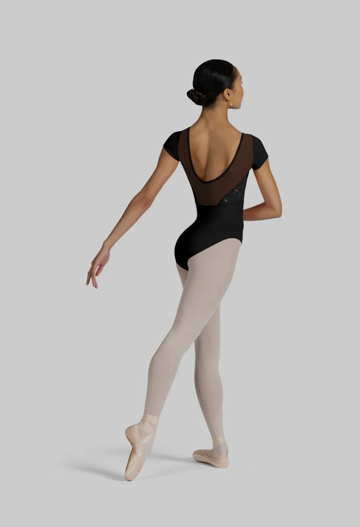 Bloch Aster Ladies Black Low Scoop Back Embroidered Cap Sleeve Leotard