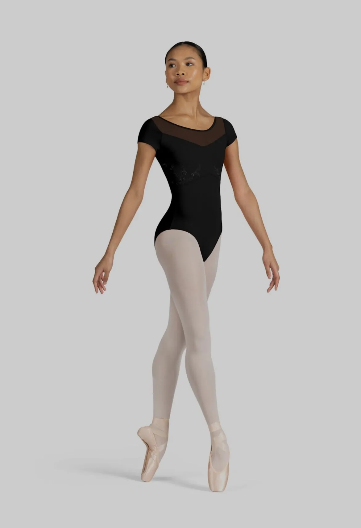 Bloch Aster Ladies Black Low Scoop Back Embroidered Cap Sleeve Leotard