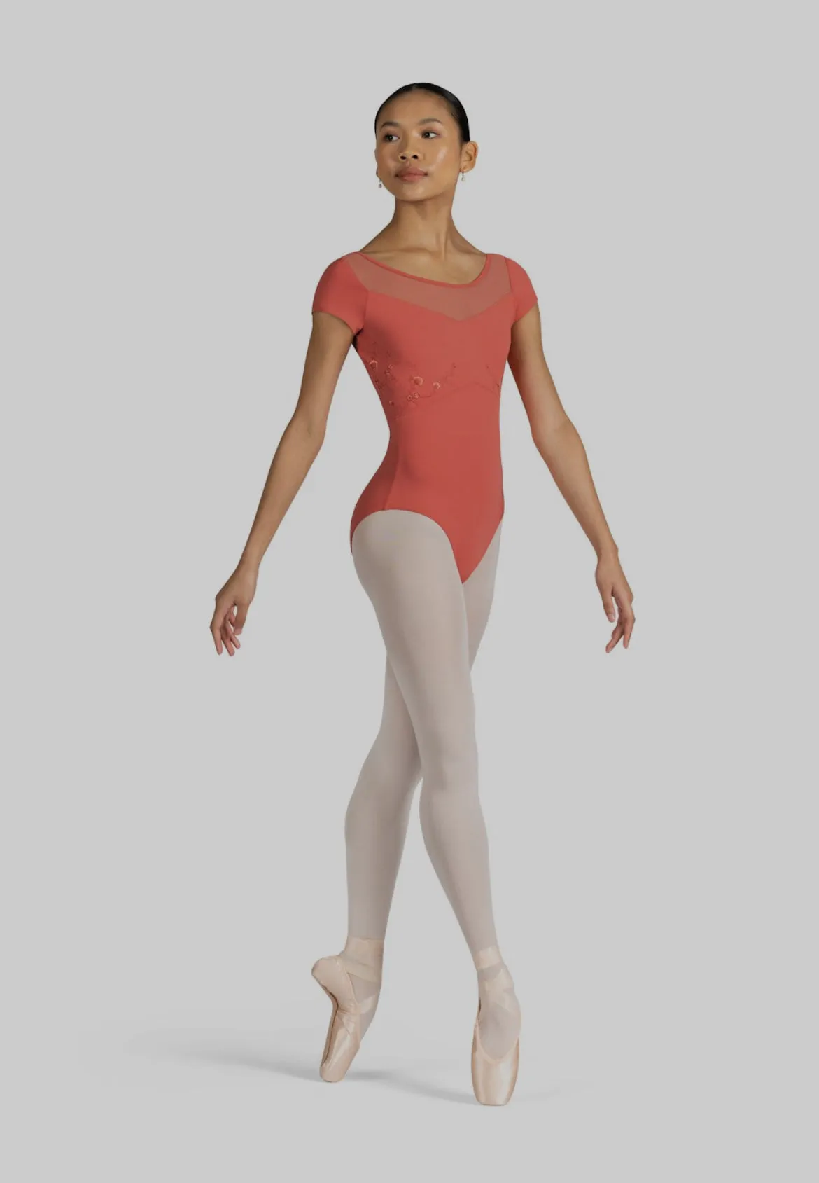 Bloch Ladies Aster Coral Mesh Scoop Back Embroidered Cap Sleeve Leotard