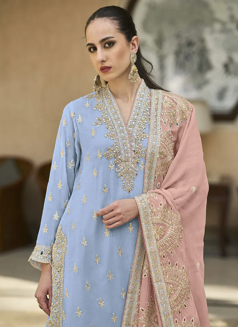 Blue And Pink Multi Embroidery Palazzo Style Suit