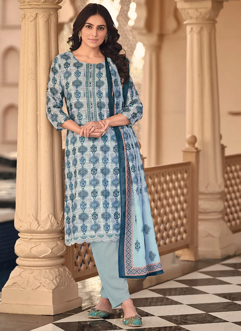 Blue Floral Handwork Embroidery Pakistani Pant Style Suit