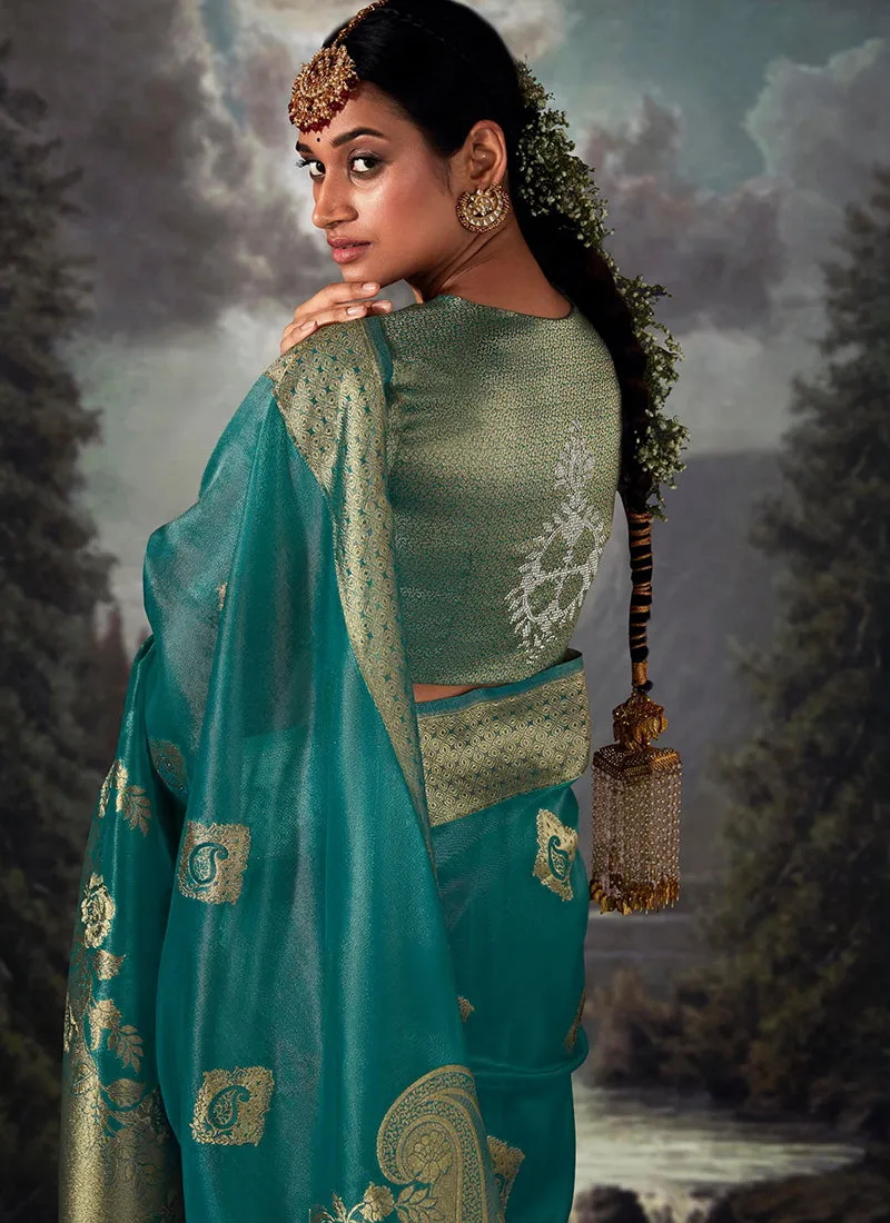 Blue Golden Crystal Stone Embellished Brocade Silk Saree