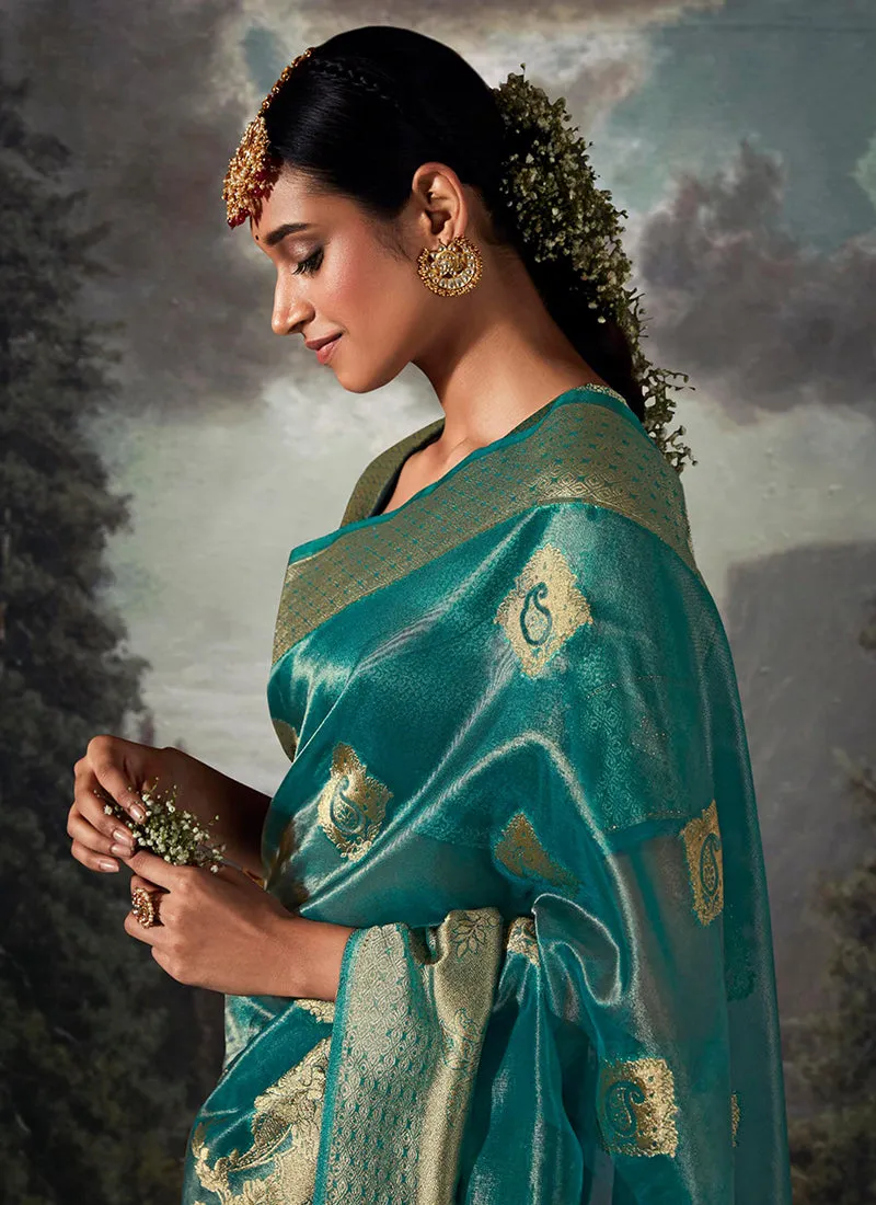 Blue Golden Crystal Stone Embellished Brocade Silk Saree